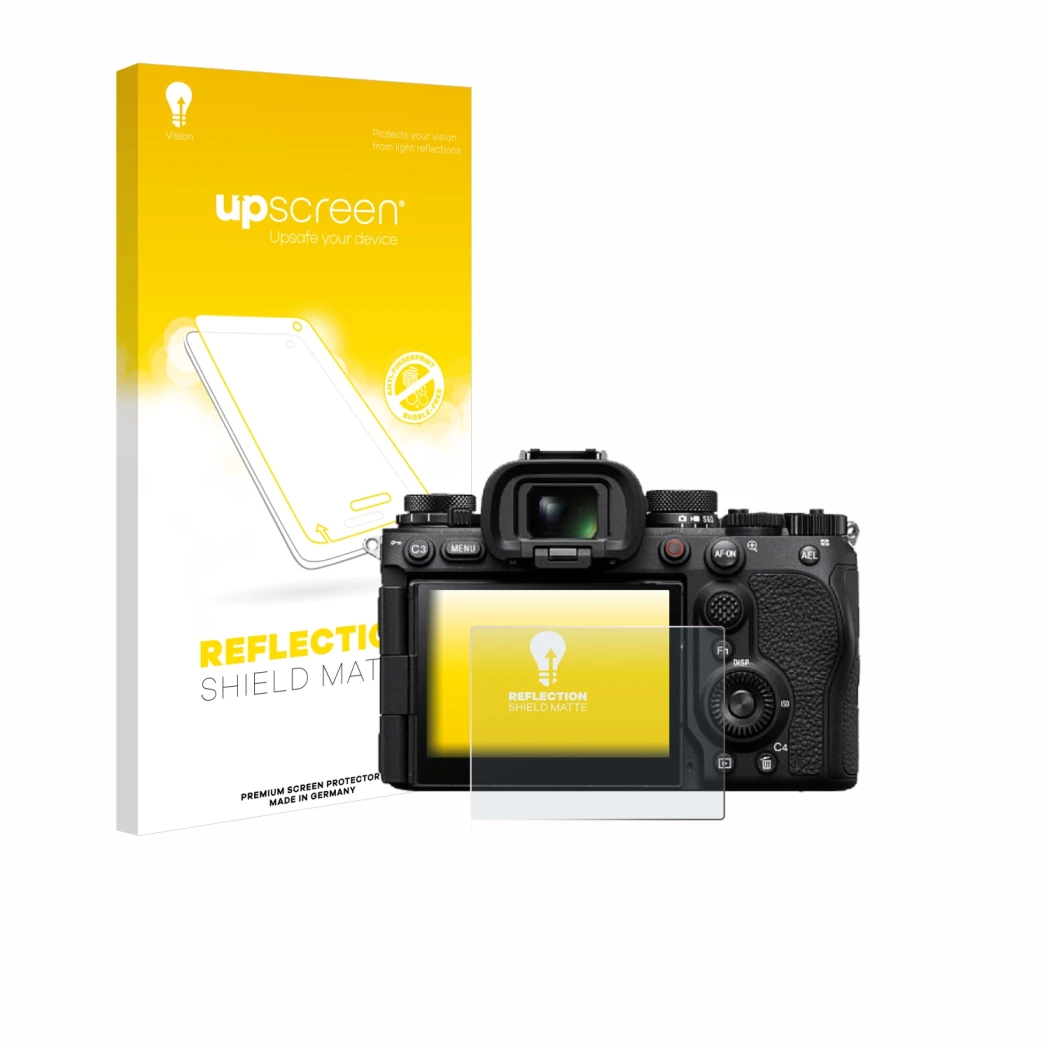 Vorderseite einer Produktverpackung mit dem Markenlogo upscreen. Daneben ist das Gerät Sony Alpha 9 III mit dem zugehörigen Di