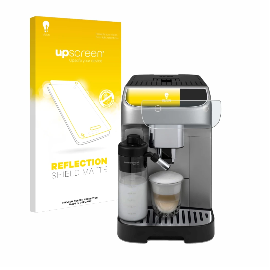 Vorderseite einer Produktverpackung mit dem Markenlogo upscreen. Daneben ist das Gerät DeLonghi Magnifica Plus mit dem zugehör