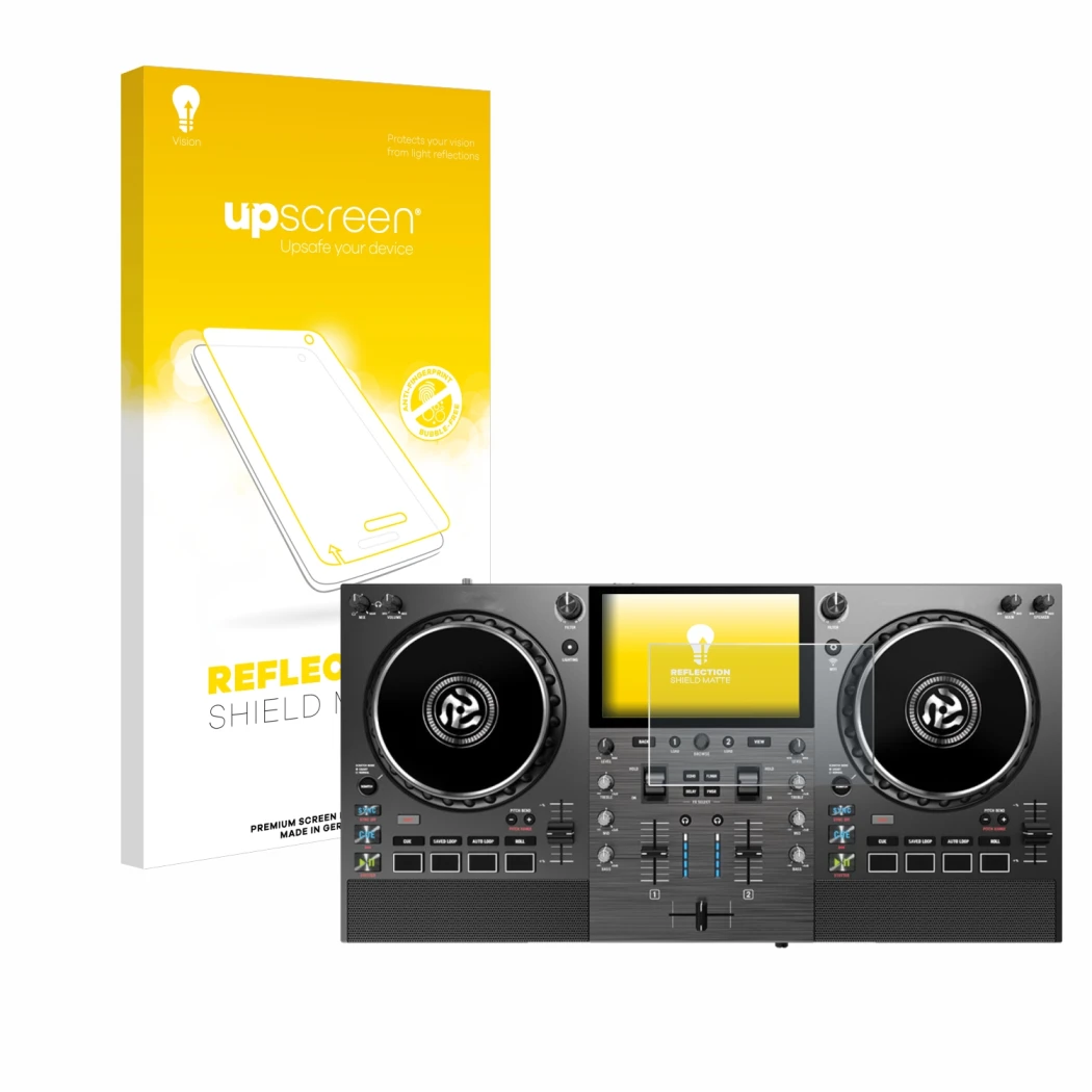 Vorderseite einer Produktverpackung mit dem Markenlogo upscreen. Daneben ist das Gerät Numark Mixstream Pro Go mit dem zugehör