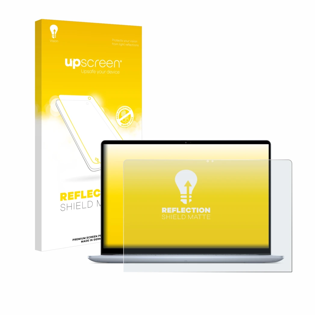 Vorderseite einer Produktverpackung mit dem Markenlogo upscreen. Daneben ist das Gerät Dell Inspiron 16 7640 2-in-1 mit dem zu