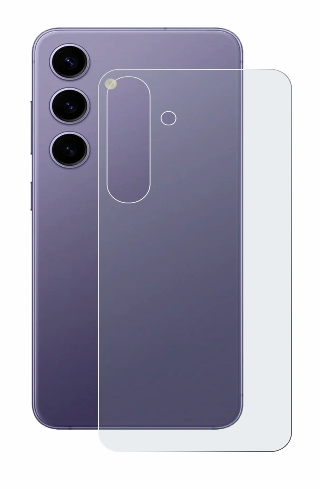 Abbildung des Geräts Samsung Galaxy S24 (Rückseite) mit einer Vielzahl des Displayschutzes.