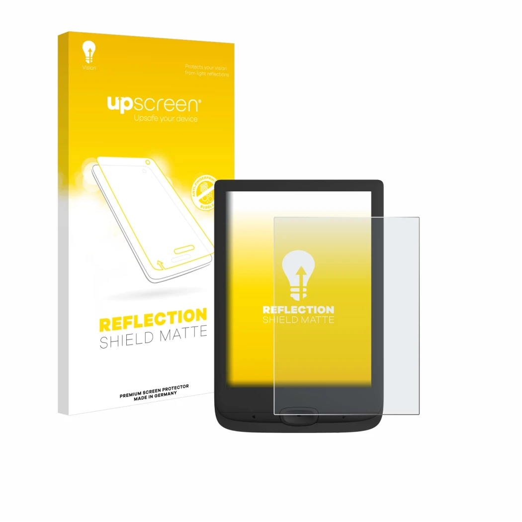 Vorderseite einer Produktverpackung mit dem Markenlogo upscreen. Daneben ist das Gerät PocketBook Basic Lux 4 mit dem zugehöri