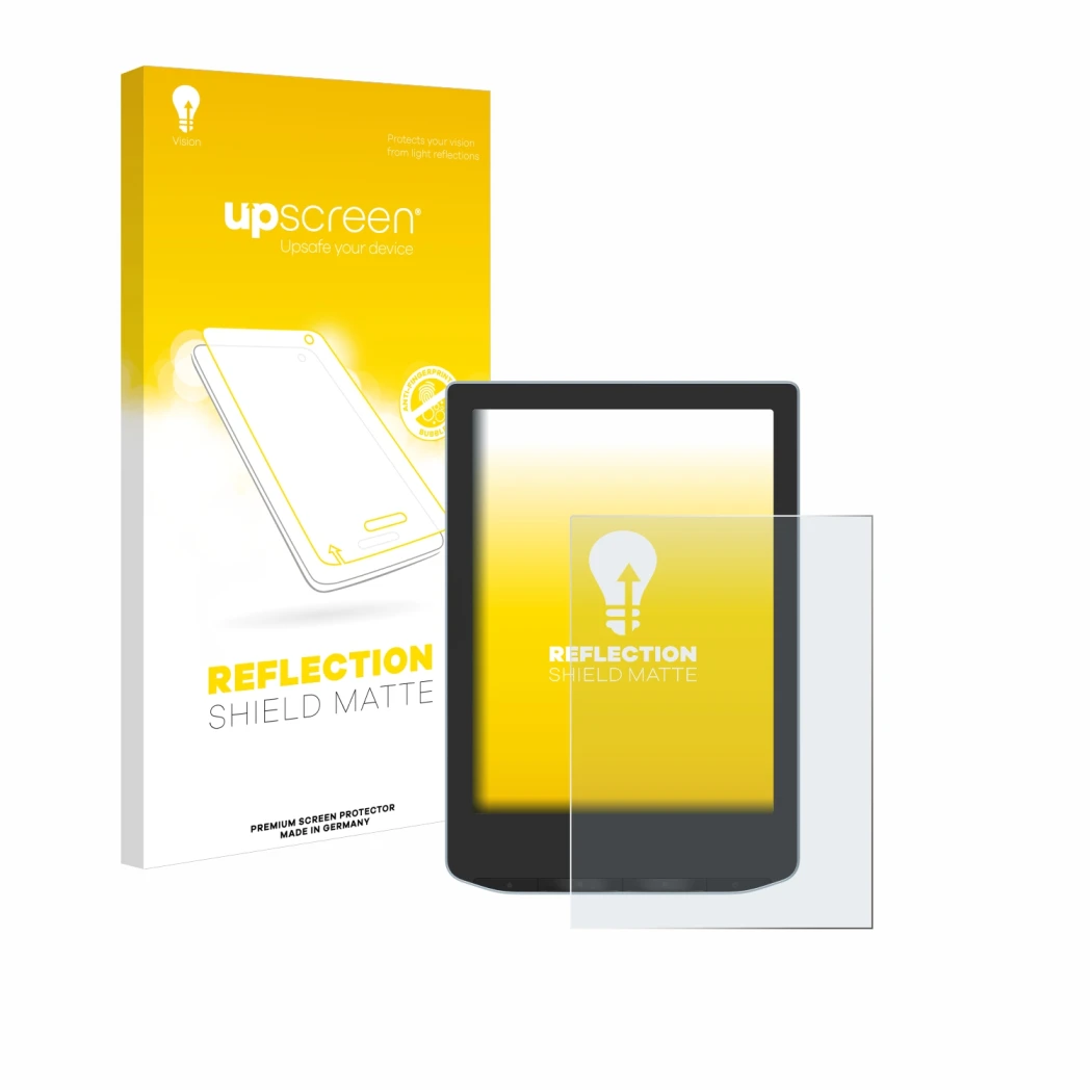 Vorderseite einer Produktverpackung mit dem Markenlogo upscreen. Daneben ist das Gerät Vivlio Light mit dem zugehörigen Displa