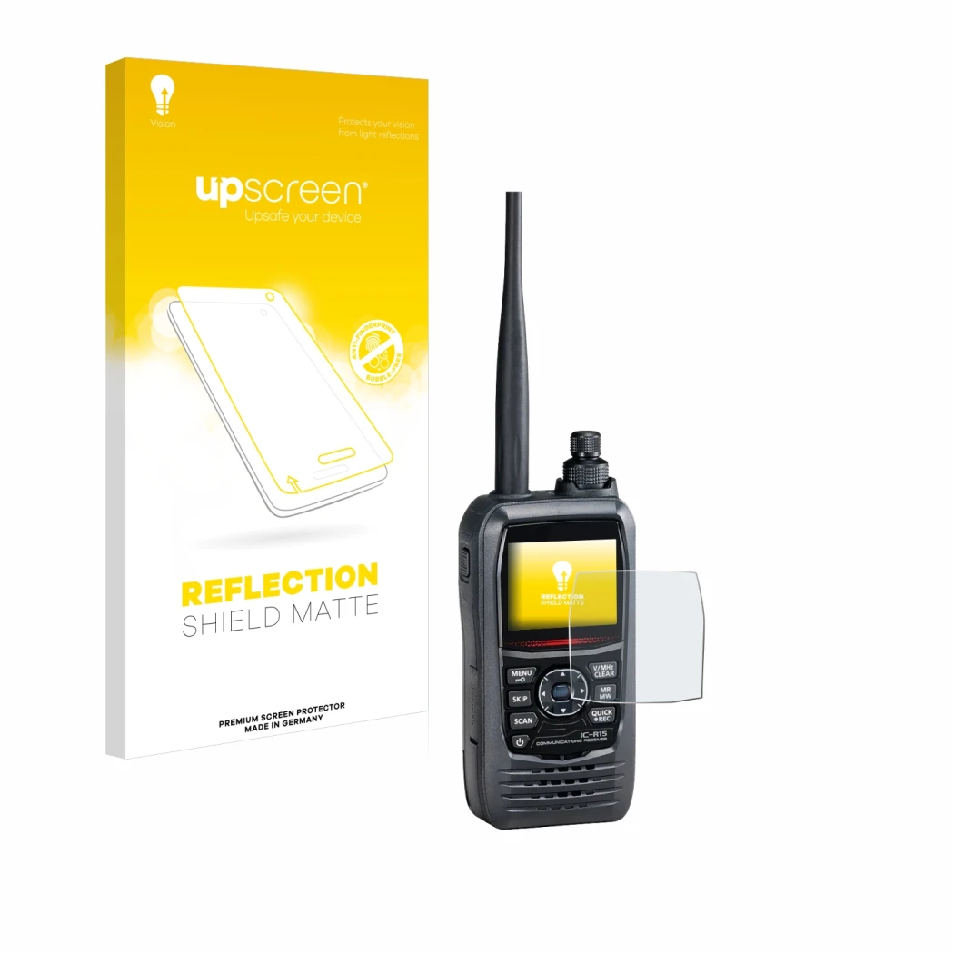 Vorderseite einer Produktverpackung mit dem Markenlogo upscreen. Daneben ist das Gerät Icom IC-R15 mit dem zugehörigen Display