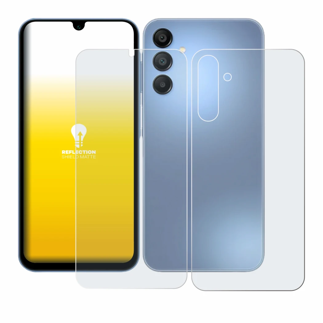 Abbildung des Geräts Samsung Galaxy A15 (Display+Rückseite) mit einer Vielzahl des Displayschutzes.