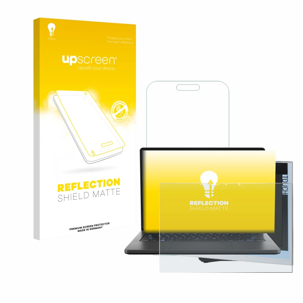 Vorderseite einer Produktverpackung mit dem Markenlogo upscreen. Daneben ist das Gerät ASUS ROG Zephyrus G14 2024 GA403 mit de