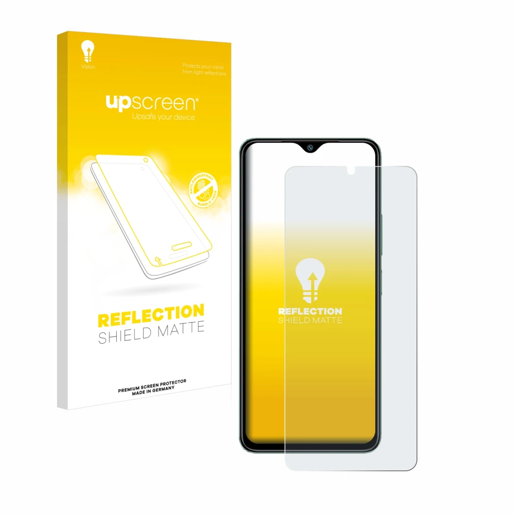 Vorderseite einer Produktverpackung mit dem Markenlogo upscreen. Daneben ist das Gerät Xiaomi Redmi A3 mit dem zugehörigen Dis