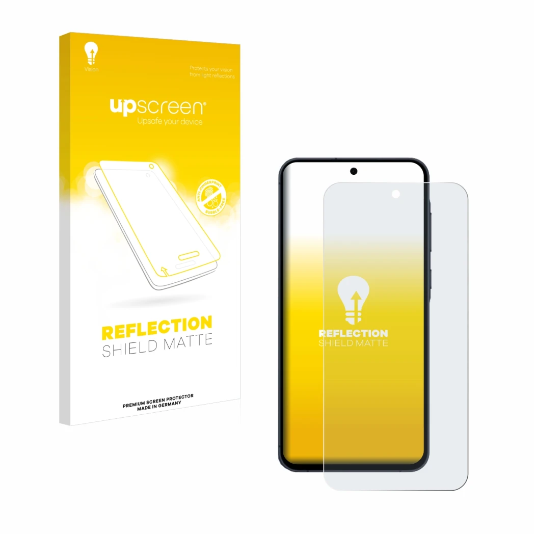 Vorderseite einer Produktverpackung mit dem Markenlogo upscreen. Daneben ist das Gerät Samsung Galaxy A55 5G mit dem zugehörig