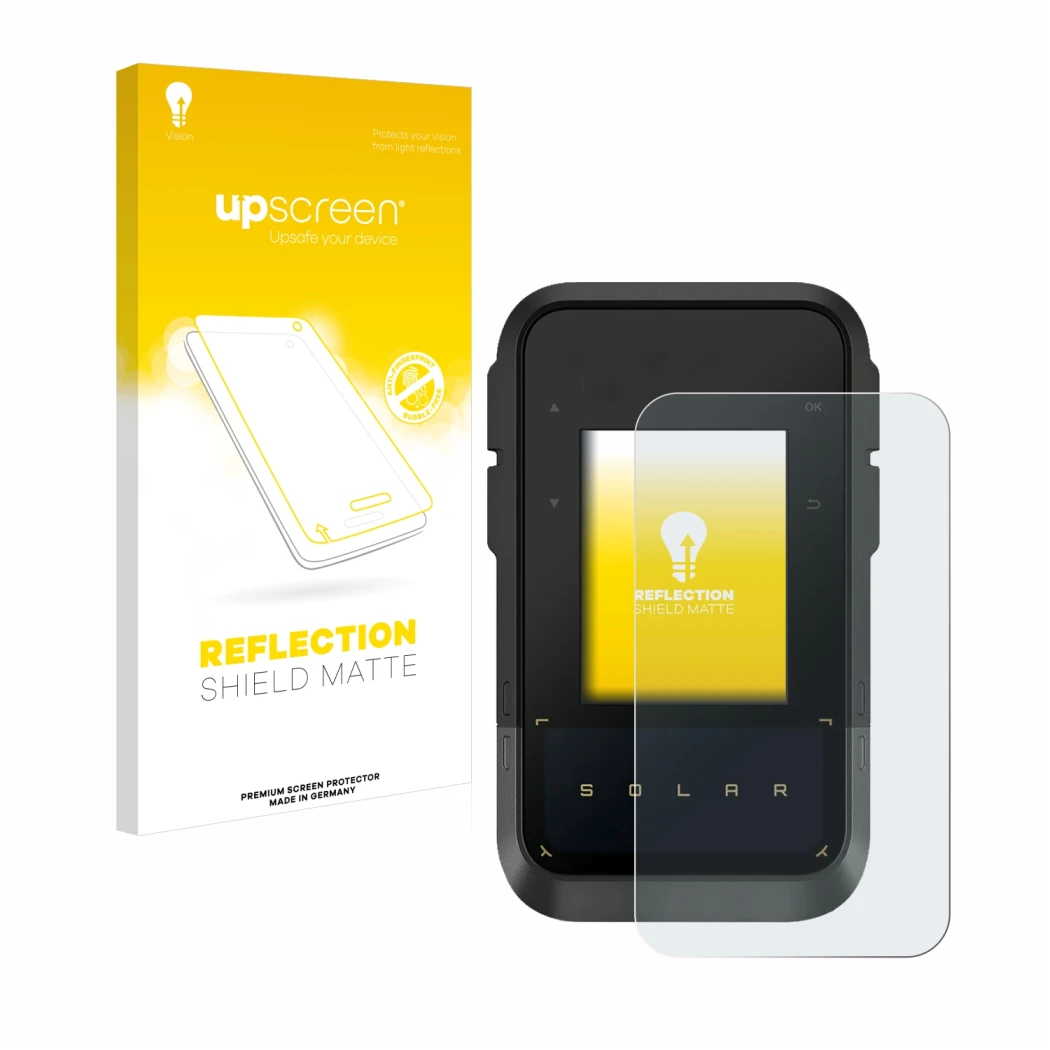 Vorderseite einer Produktverpackung mit dem Markenlogo upscreen. Daneben ist das Gerät Garmin eTrex Solar mit dem zugehörigen