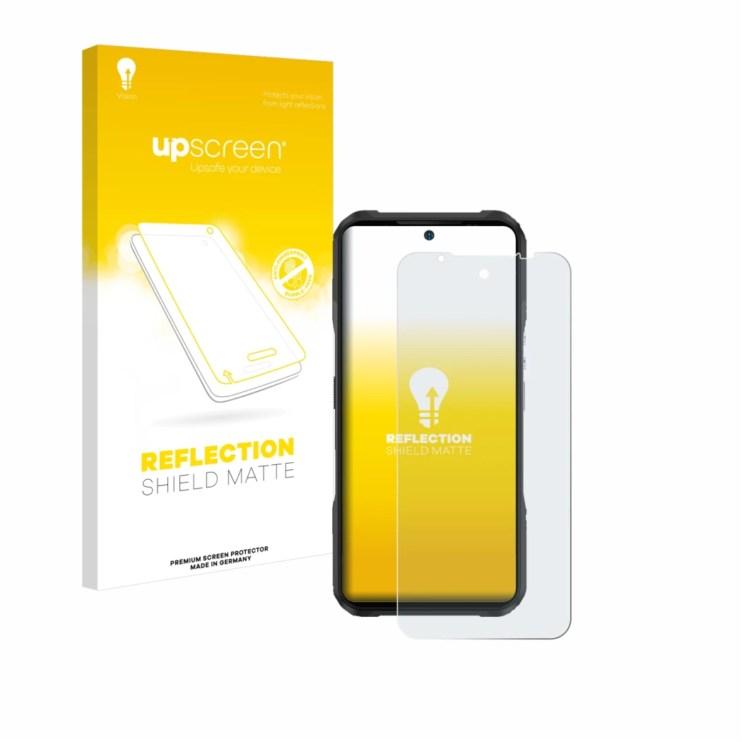 Vorderseite einer Produktverpackung mit dem Markenlogo upscreen. Daneben ist das Gerät Doogee V20S mit dem zugehörigen Display