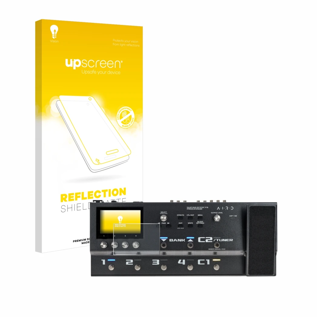 Vorderseite einer Produktverpackung mit dem Markenlogo upscreen. Daneben ist das Gerät Boss GX-100 mit dem zugehörigen Display