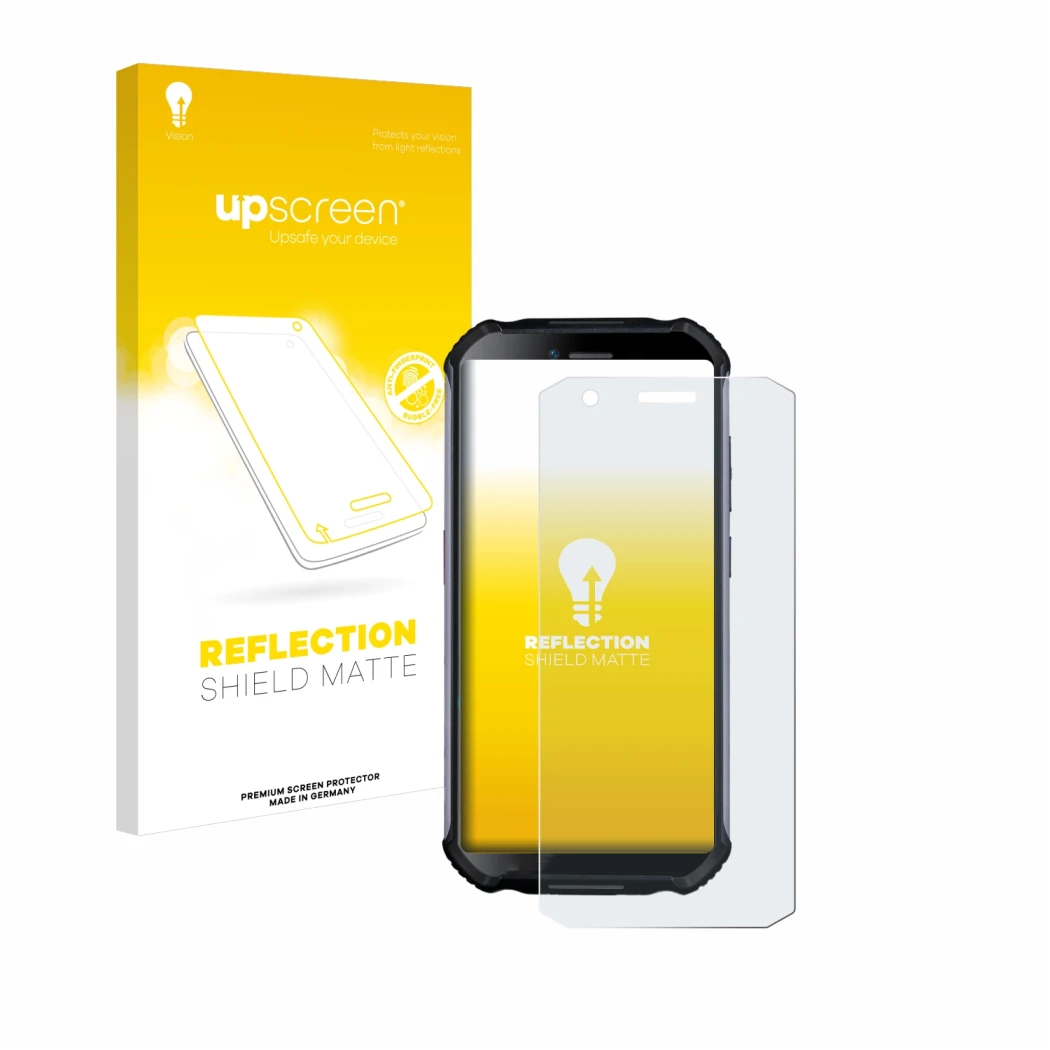 Vorderseite einer Produktverpackung mit dem Markenlogo upscreen. Daneben ist das Gerät Doogee S41 Plus mit dem zugehörigen Dis