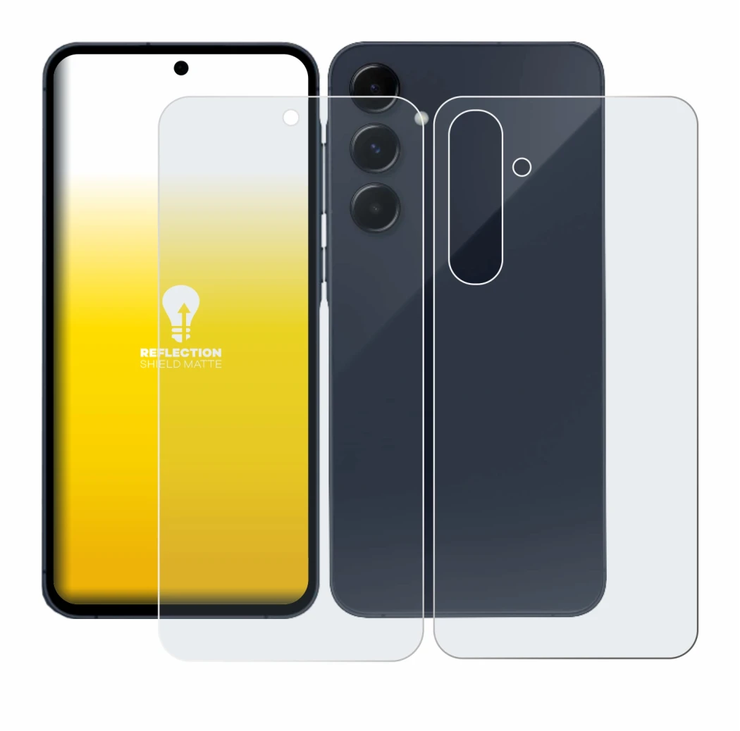 Abbildung des Geräts Samsung Galaxy A55 5G (Display+Rückseite) mit einer Vielzahl des Displayschutzes.
