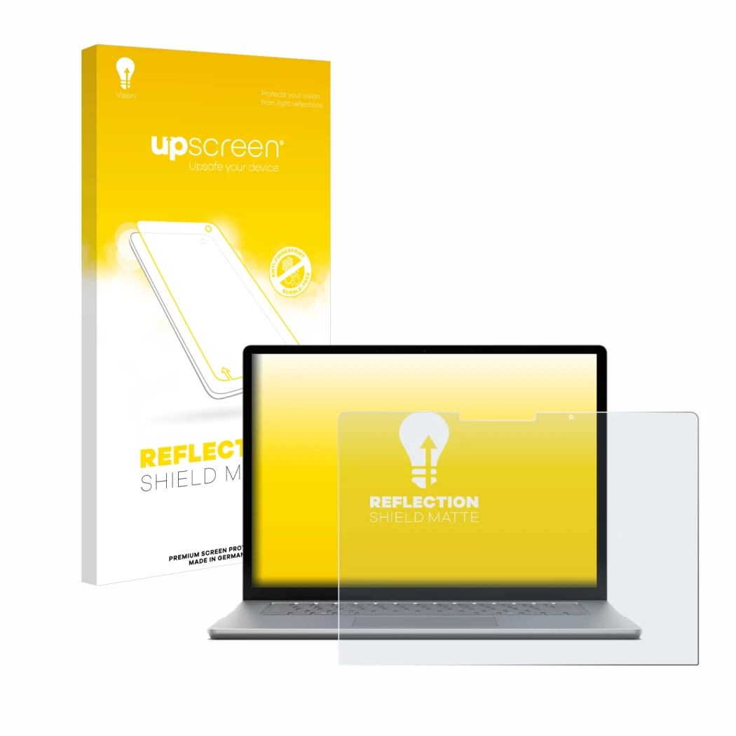 Vorderseite einer Produktverpackung mit dem Markenlogo upscreen. Daneben ist das Gerät Microsoft Surface Laptop 6 13.5