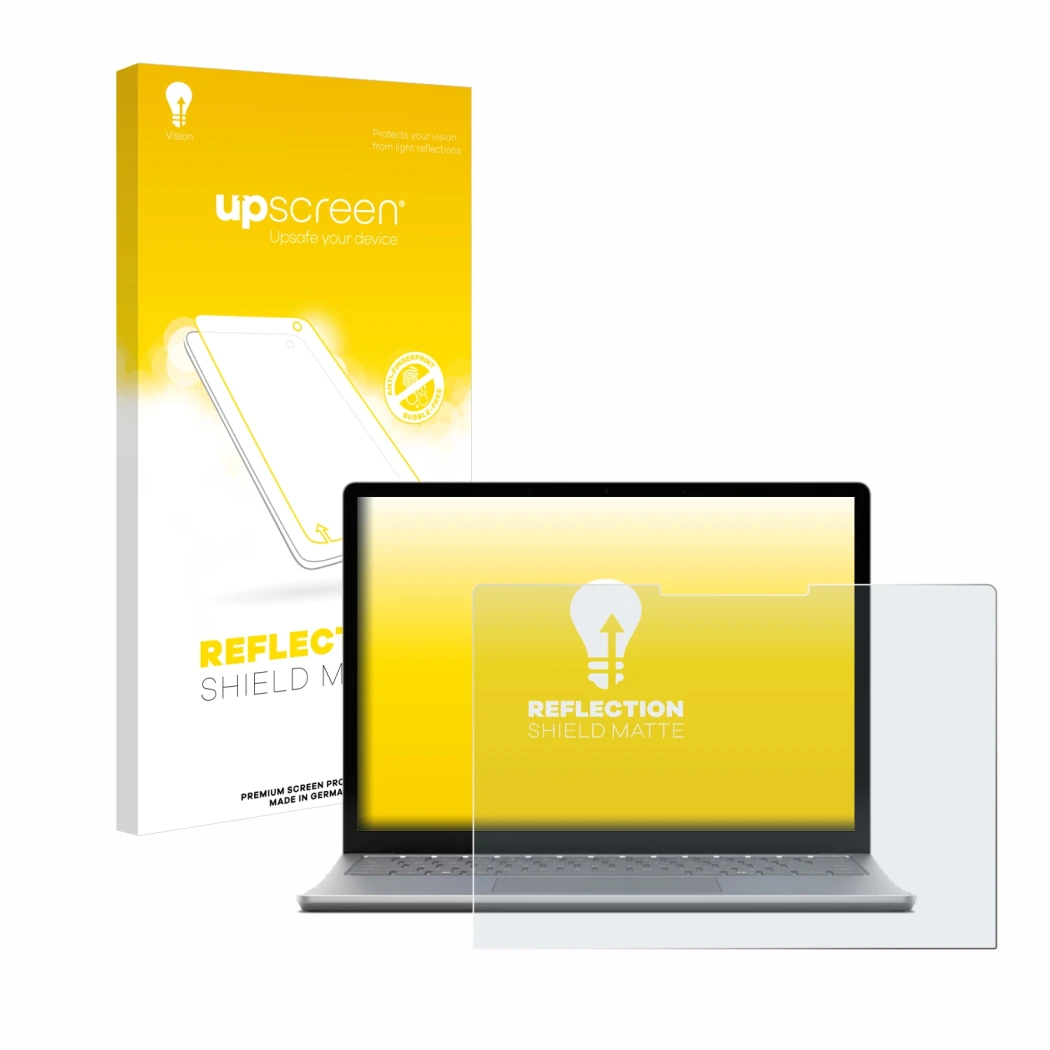 Vorderseite einer Produktverpackung mit dem Markenlogo upscreen. Daneben ist das Gerät Microsoft Surface Laptop 6 15