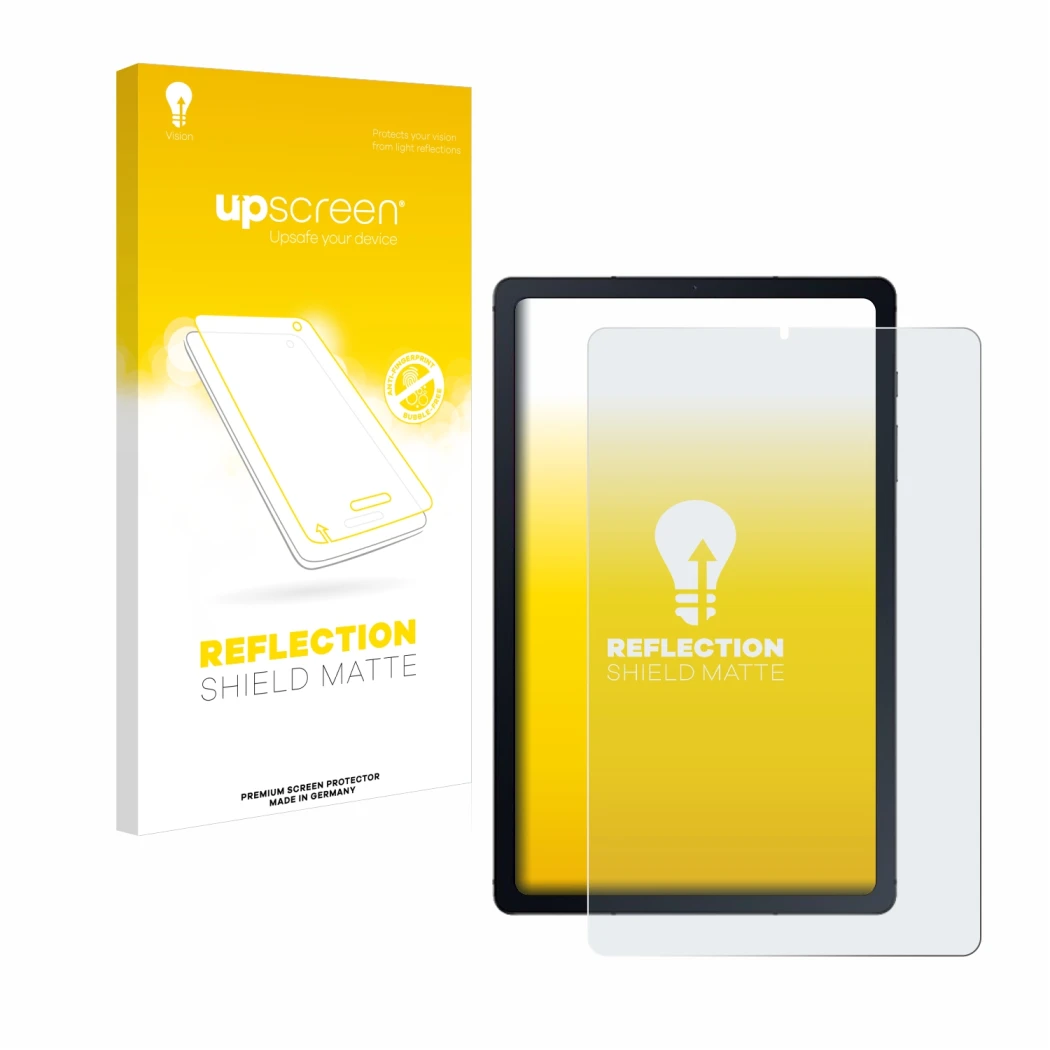 Vorderseite einer Produktverpackung mit dem Markenlogo upscreen. Daneben ist das Gerät Samsung Galaxy Tab S6 Lite WiFi 2024 mi