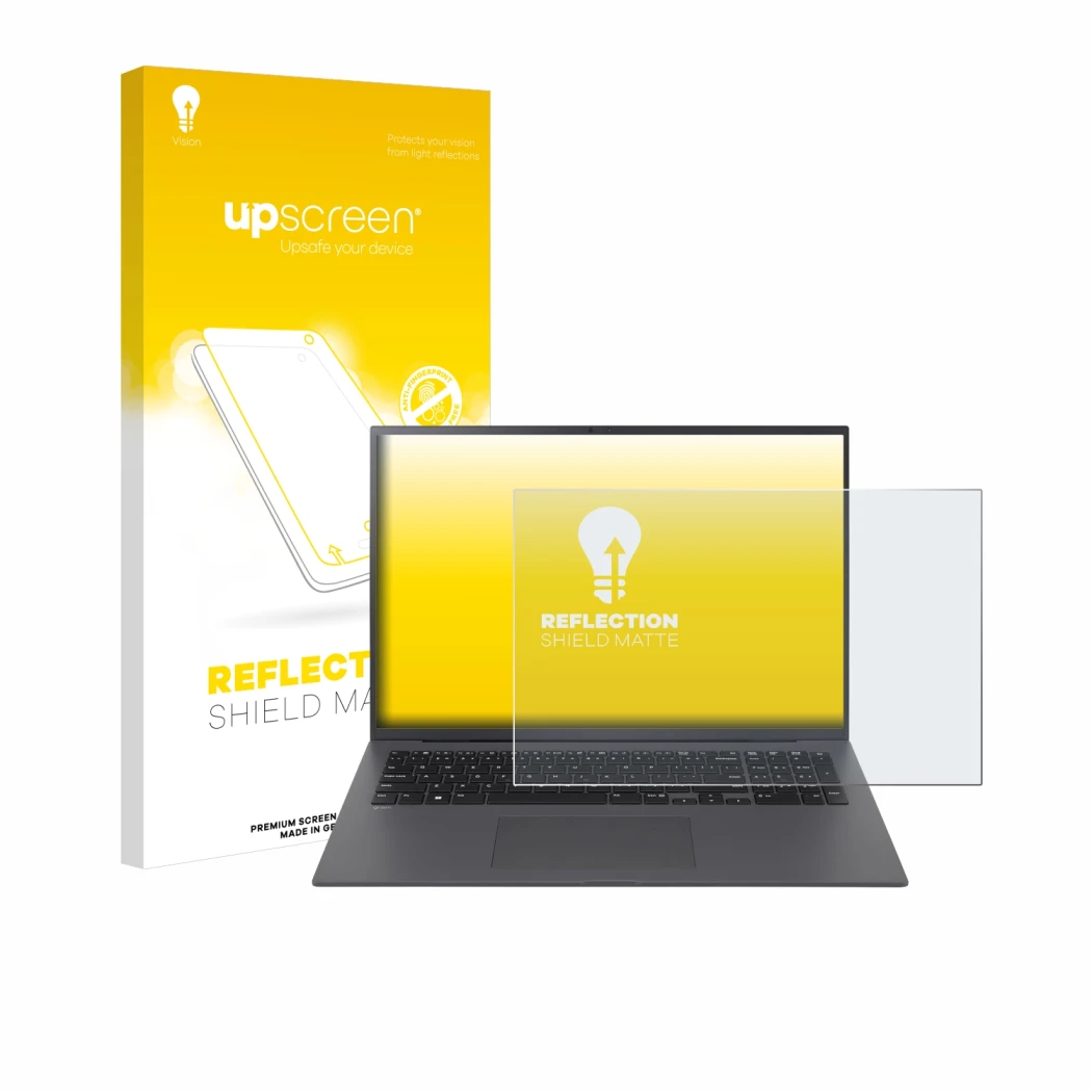 Vorderseite einer Produktverpackung mit dem Markenlogo upscreen. Daneben ist das Gerät LG gram 17