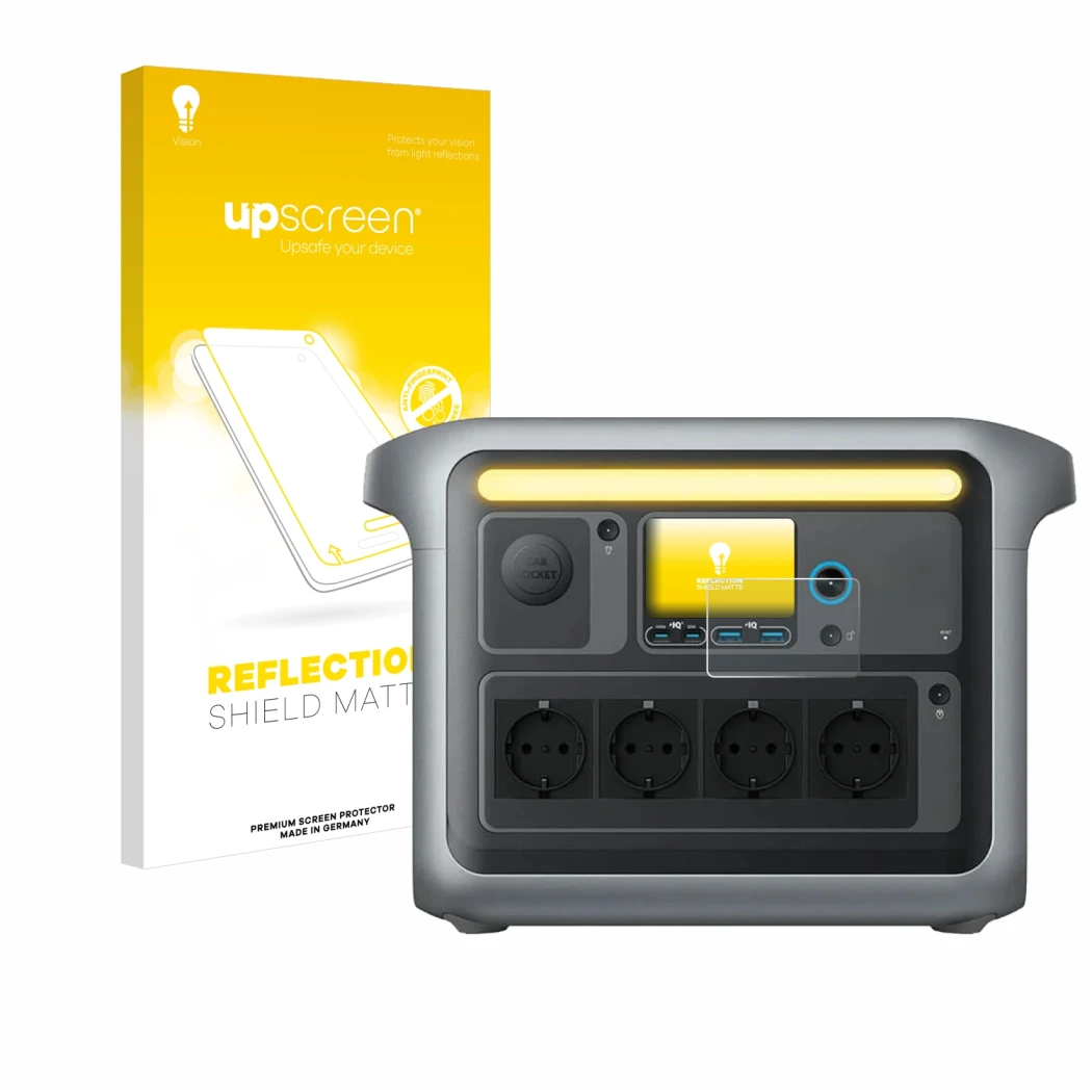 Vorderseite einer Produktverpackung mit dem Markenlogo upscreen. Daneben ist das Gerät Anker SOLIX C1000X mit dem zugehörigen