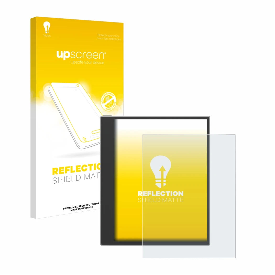 Vorderseite einer Produktverpackung mit dem Markenlogo upscreen. Daneben ist das Gerät PocketBook InkPad Eo (2024) mit dem zug