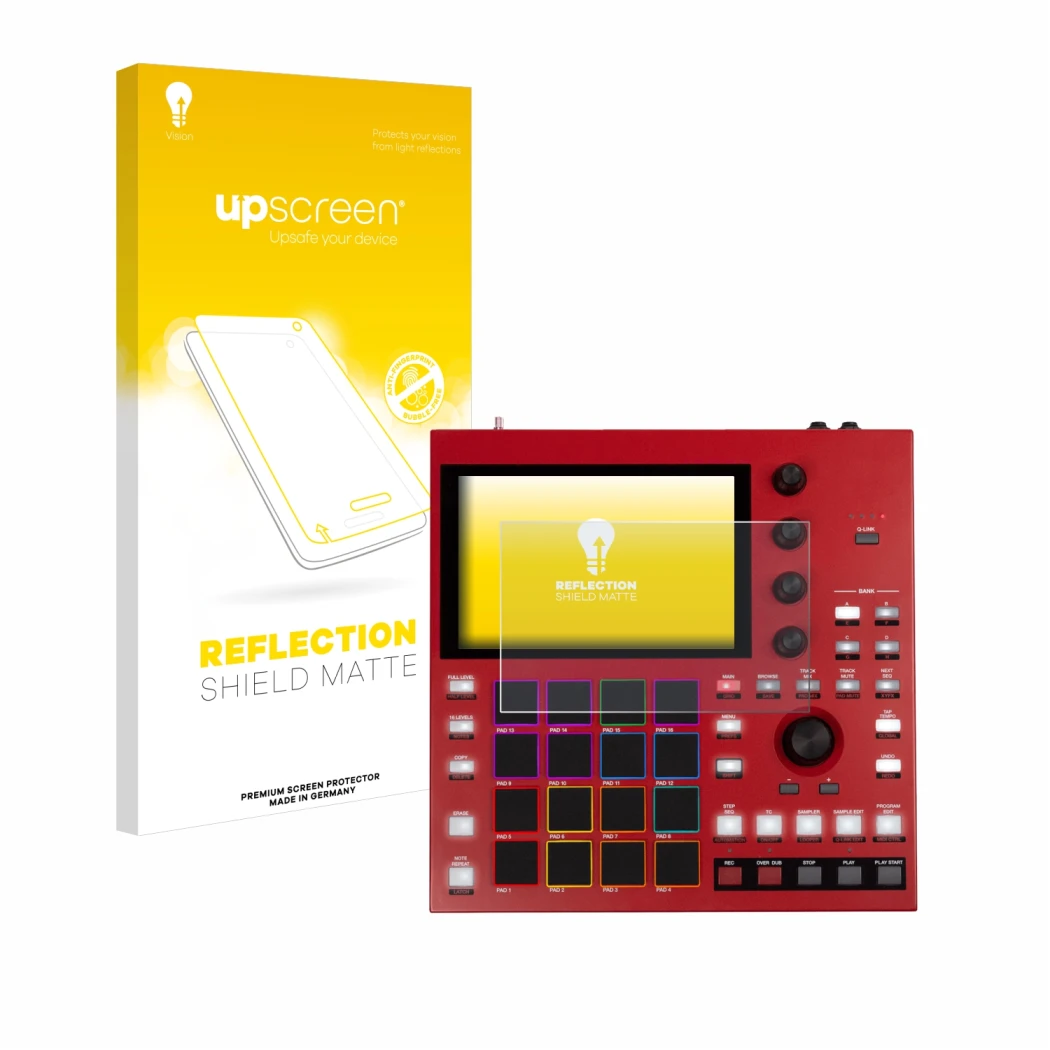 Vorderseite einer Produktverpackung mit dem Markenlogo upscreen. Daneben ist das Gerät Akai MPC One+ mit dem zugehörigen Displ