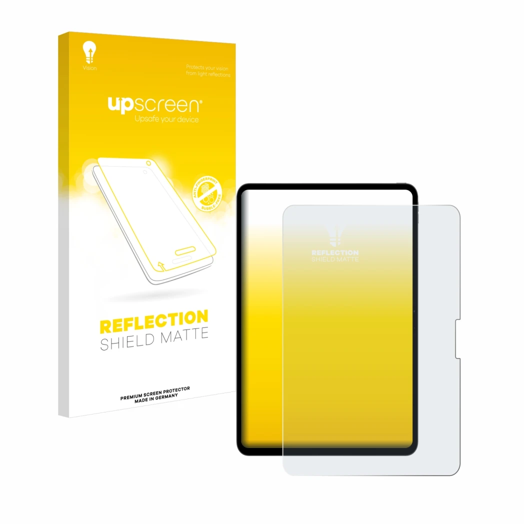 Vorderseite einer Produktverpackung mit dem Markenlogo upscreen. Daneben ist das Gerät Apple iPad Pro 13