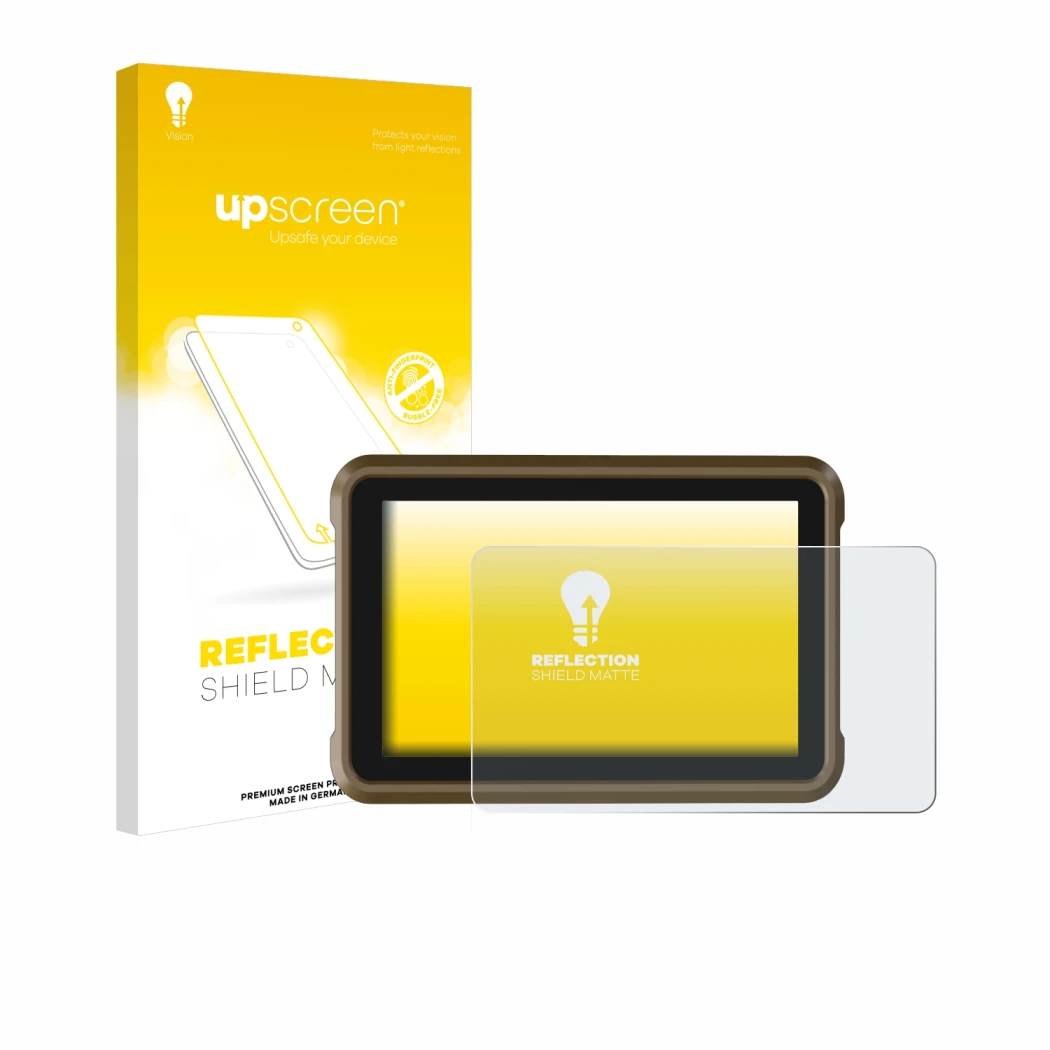 Vorderseite einer Produktverpackung mit dem Markenlogo upscreen. Daneben ist das Gerät Atomos Ninja mit dem zugehörigen Displa