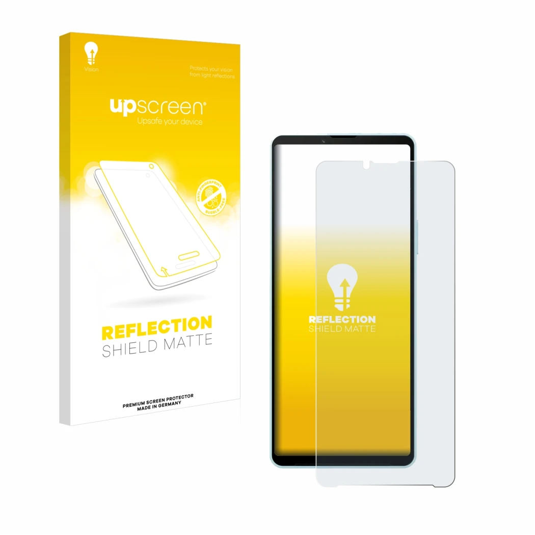 Vorderseite einer Produktverpackung mit dem Markenlogo upscreen. Daneben ist das Gerät Sony Xperia 10 VI mit dem zugehörigen D