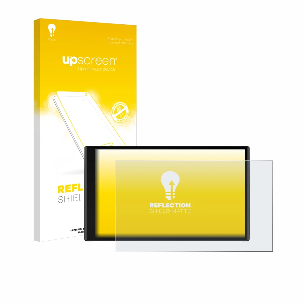 Vorderseite einer Produktverpackung mit dem Markenlogo upscreen. Daneben ist das Gerät Garmin CamperVan mit dem zugehörigen Di