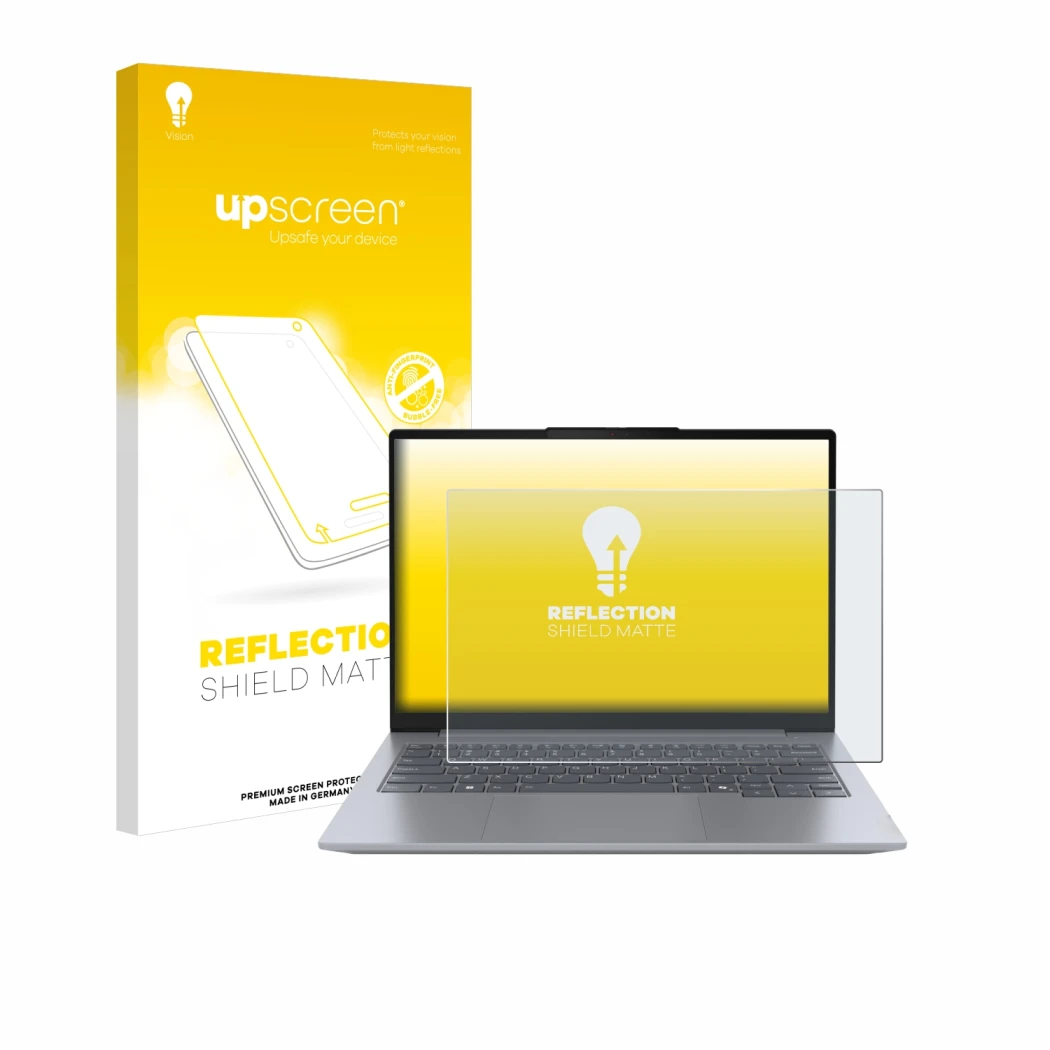 Vorderseite einer Produktverpackung mit dem Markenlogo upscreen. Daneben ist das Gerät Lenovo ThinkBook 14 Gen 7 mit dem zugeh