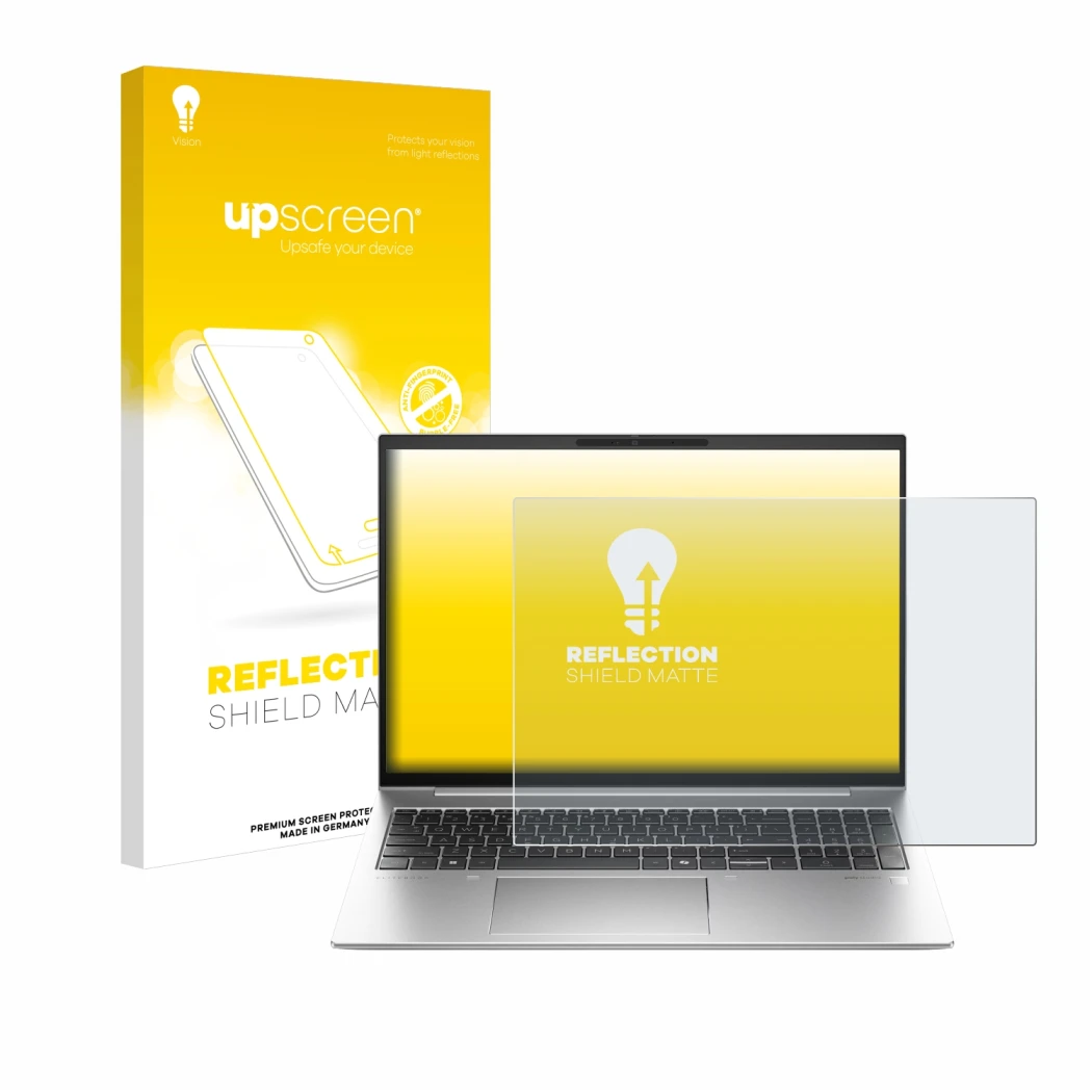 Vorderseite einer Produktverpackung mit dem Markenlogo upscreen. Daneben ist das Gerät HP EliteBook 845 G11 mit dem zugehörige