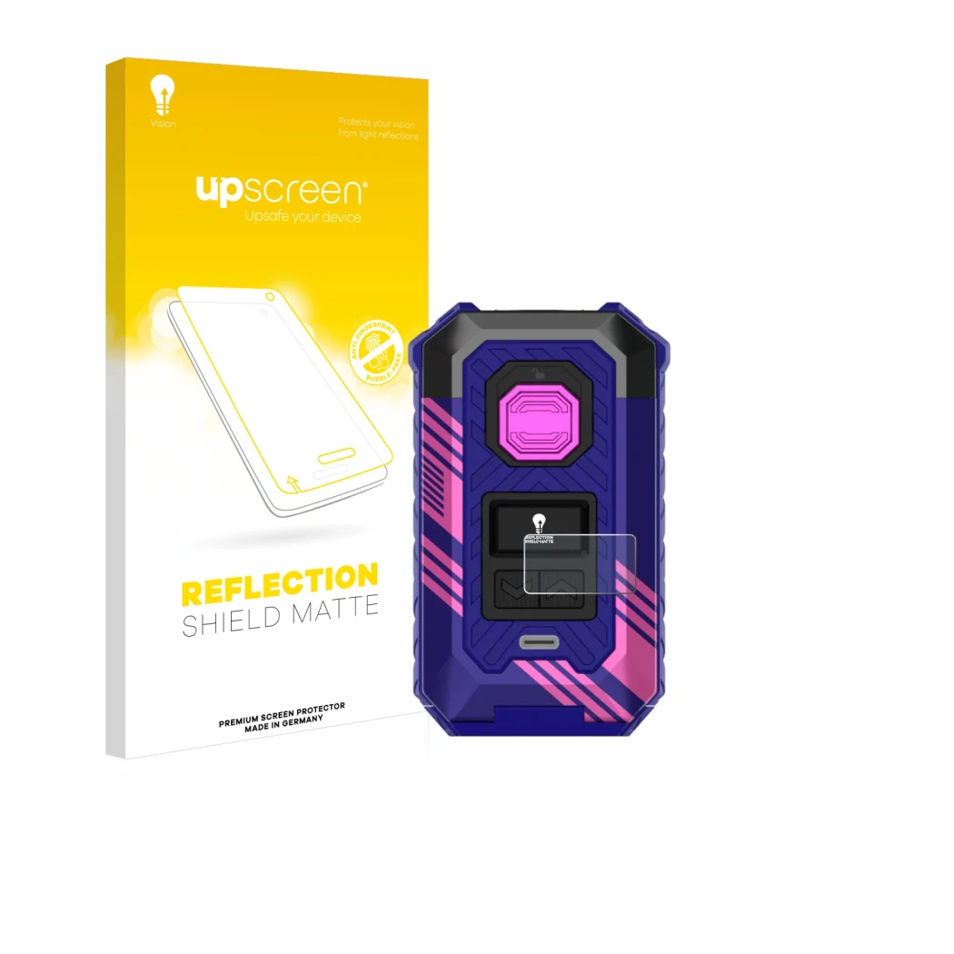 Vorderseite einer Produktverpackung mit dem Markenlogo upscreen. Daneben ist das Gerät Vaporesso Armour Max mit dem zugehörige