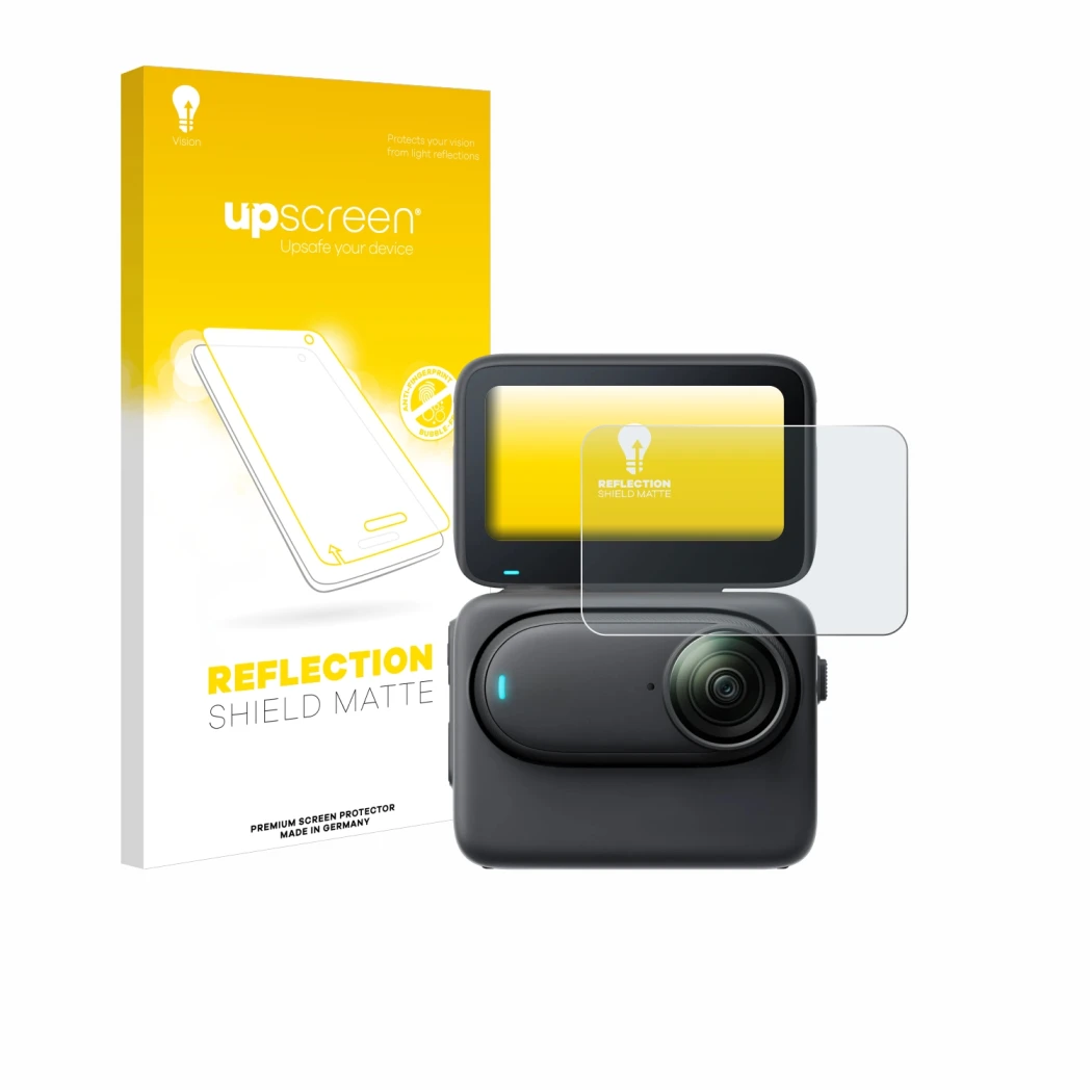 Vorderseite einer Produktverpackung mit dem Markenlogo upscreen. Daneben ist das Gerät Insta360 Go 3S mit dem zugehörigen Disp