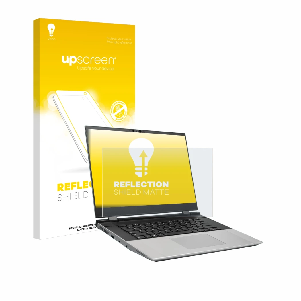 Vorderseite einer Produktverpackung mit dem Markenlogo upscreen. Daneben ist das Gerät Framework Laptop 16 mit dem zugehörigen