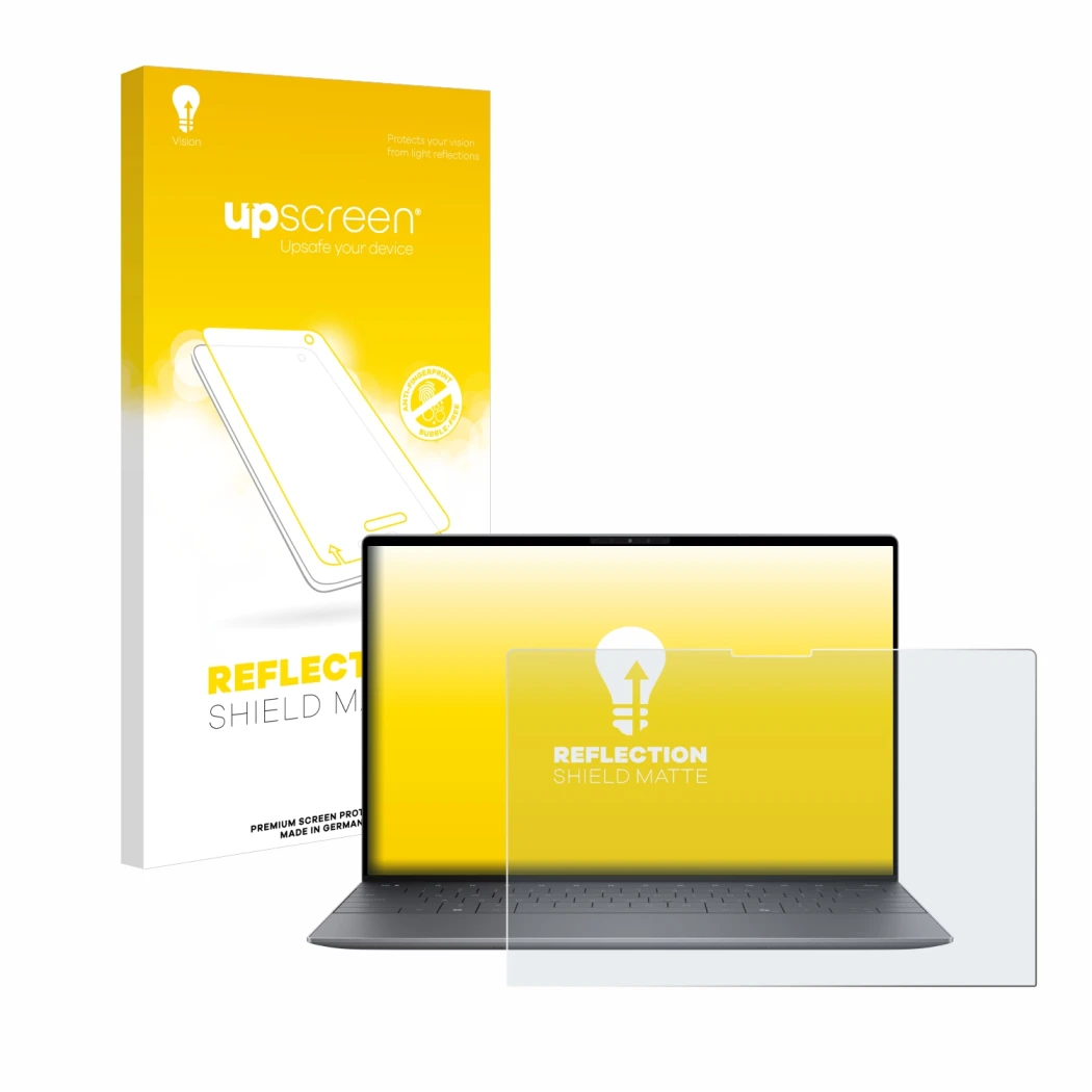 Vorderseite einer Produktverpackung mit dem Markenlogo upscreen. Daneben ist das Gerät Dell XPS 13 9345 mit dem zugehörigen Di