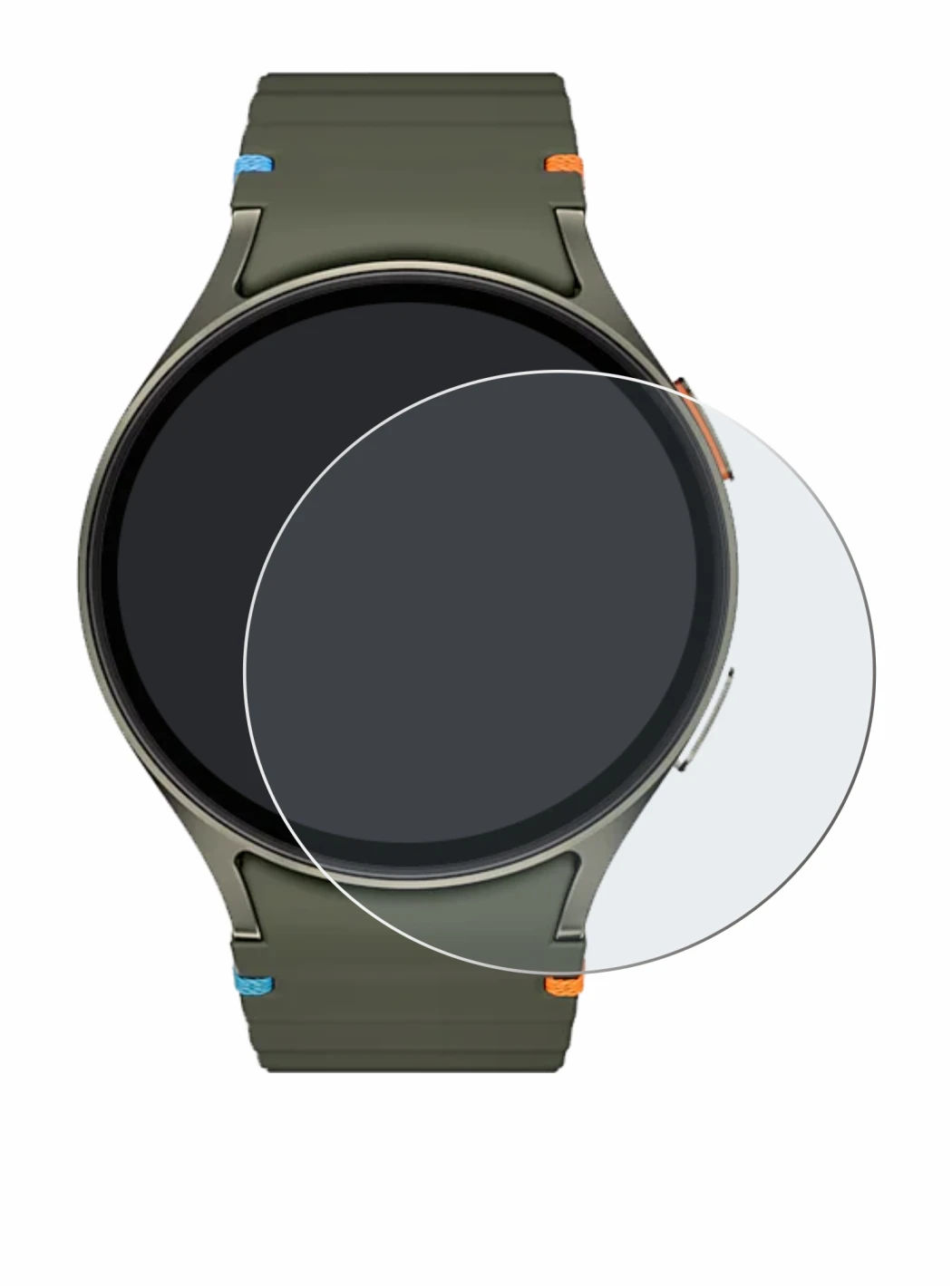 Abbildung des Geräts Samsung Galaxy Watch 7 (44 mm) mit einer Vielzahl des Displayschutzes.