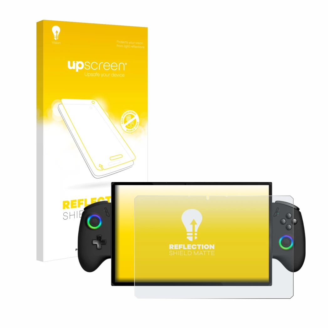 Vorderseite einer Produktverpackung mit dem Markenlogo upscreen. Daneben ist das Gerät OneXPlayer X1 mit dem zugehörigen Displ