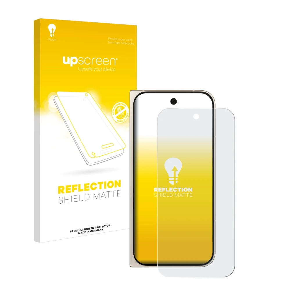 Vorderseite einer Produktverpackung mit dem Markenlogo upscreen. Daneben ist das Gerät Google Pixel 9 Pro Fold mit dem zugehör