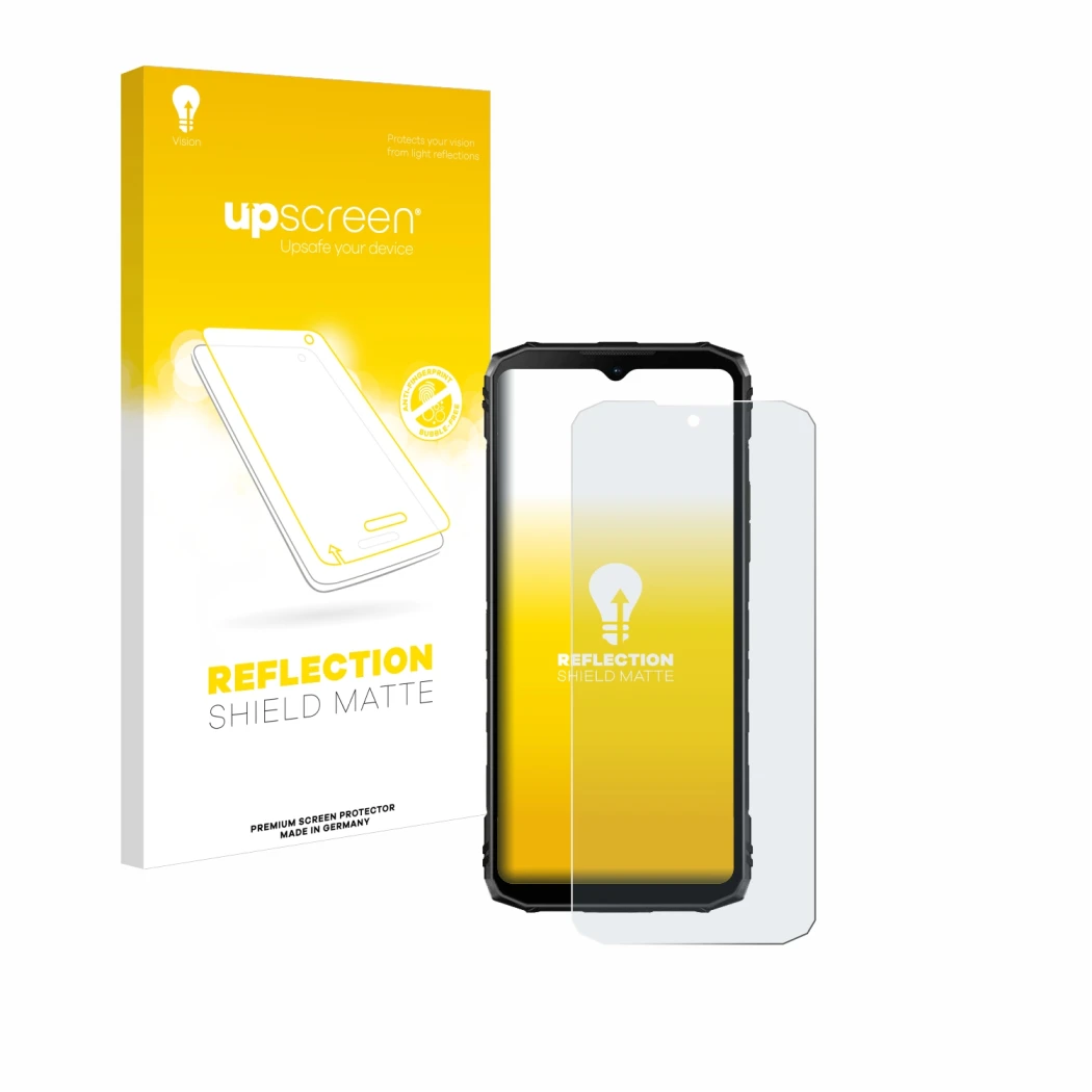 Vorderseite einer Produktverpackung mit dem Markenlogo upscreen. Daneben ist das Gerät Doogee Blade 10 Ultra mit dem zugehörig