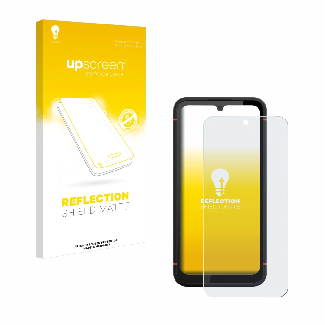 Vorderseite einer Produktverpackung mit dem Markenlogo upscreen. Daneben ist das Gerät Gigaset GX4 Pro mit dem zugehörigen Dis