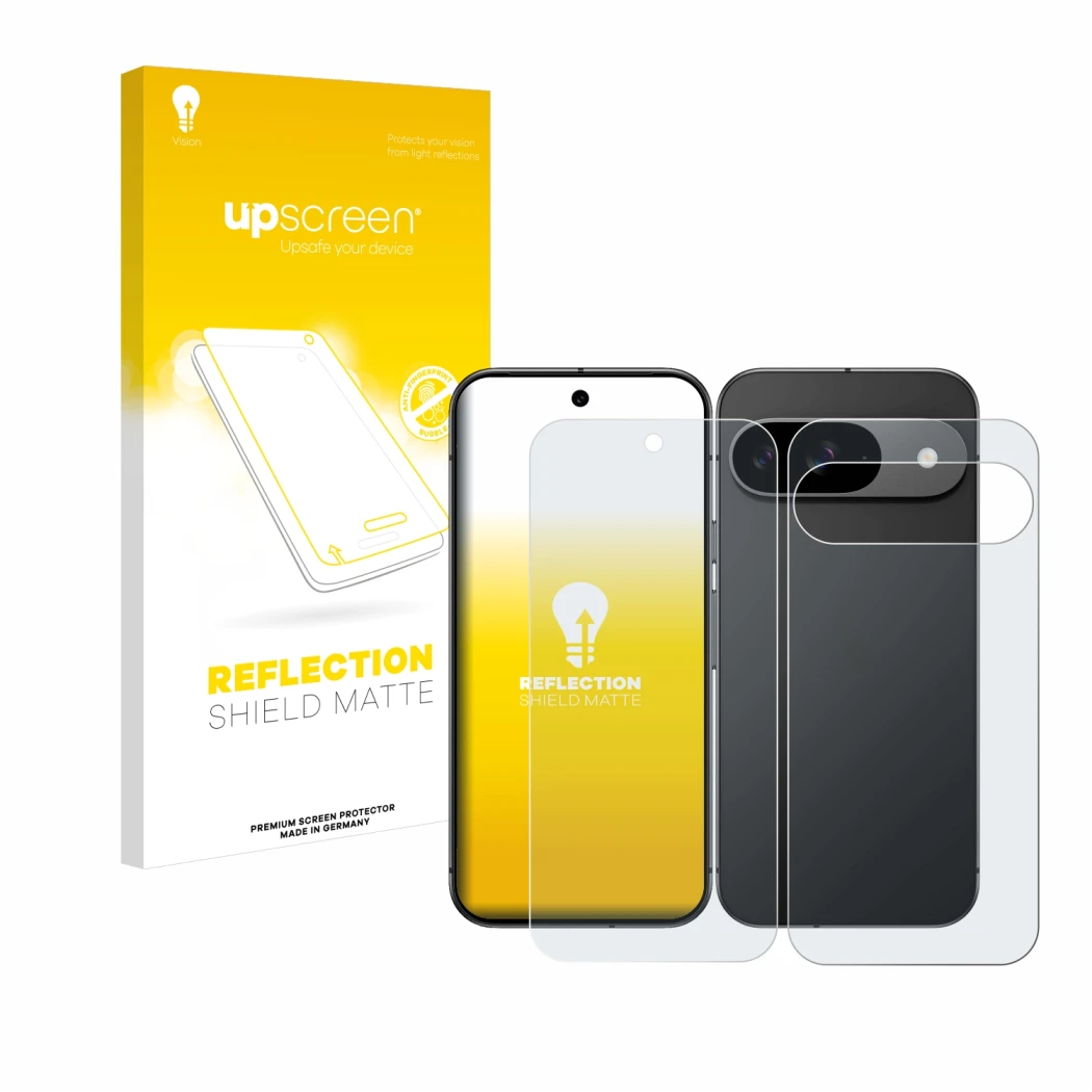 Vorderseite einer Produktverpackung mit dem Markenlogo upscreen. Daneben ist das Gerät Google Pixel 9 (Display+Rückseite) mit