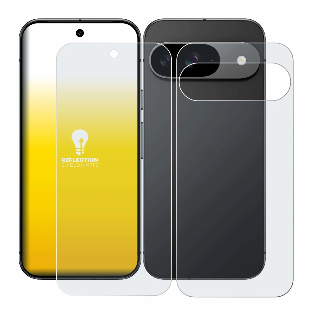 Abbildung des Geräts Google Pixel 9 (Display+Rückseite) mit einer Vielzahl des Displayschutzes.