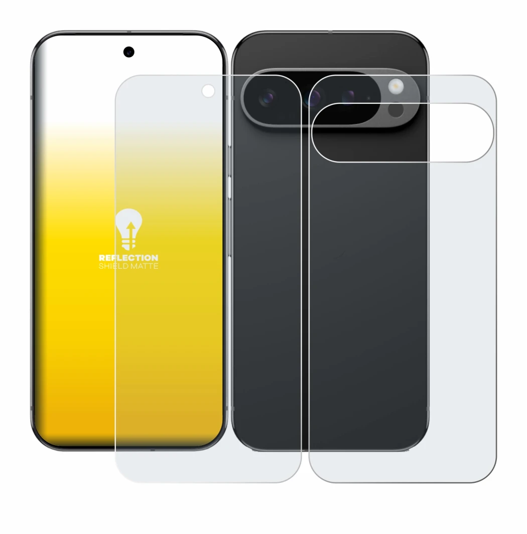 Abbildung des Geräts Google Pixel 9 Pro XL (Display+Rückseite) mit einer Vielzahl des Displayschutzes.