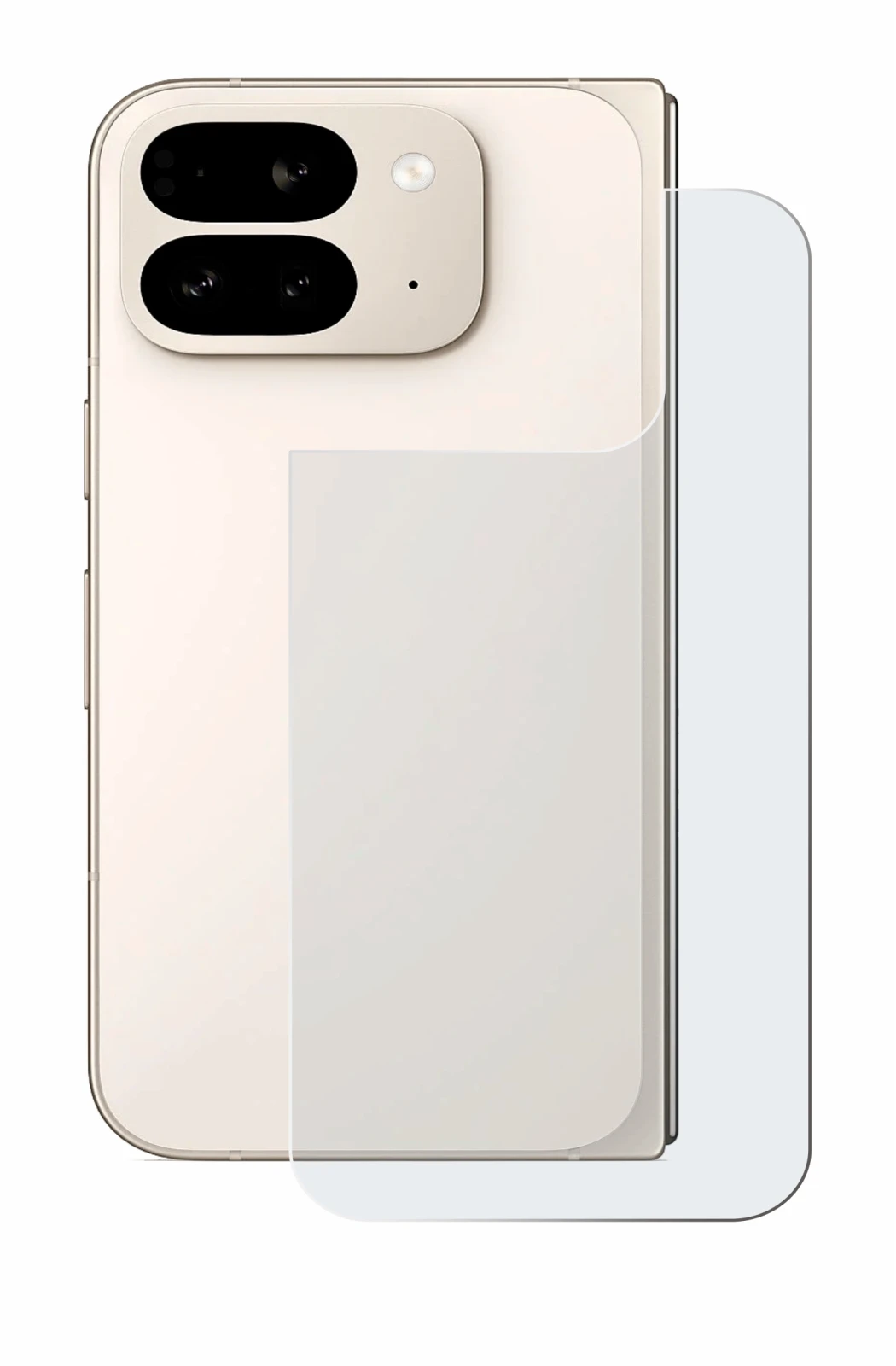 Abbildung des Geräts Google Pixel 9 Pro Fold (Rückseite) mit einer Vielzahl des Displayschutzes.
