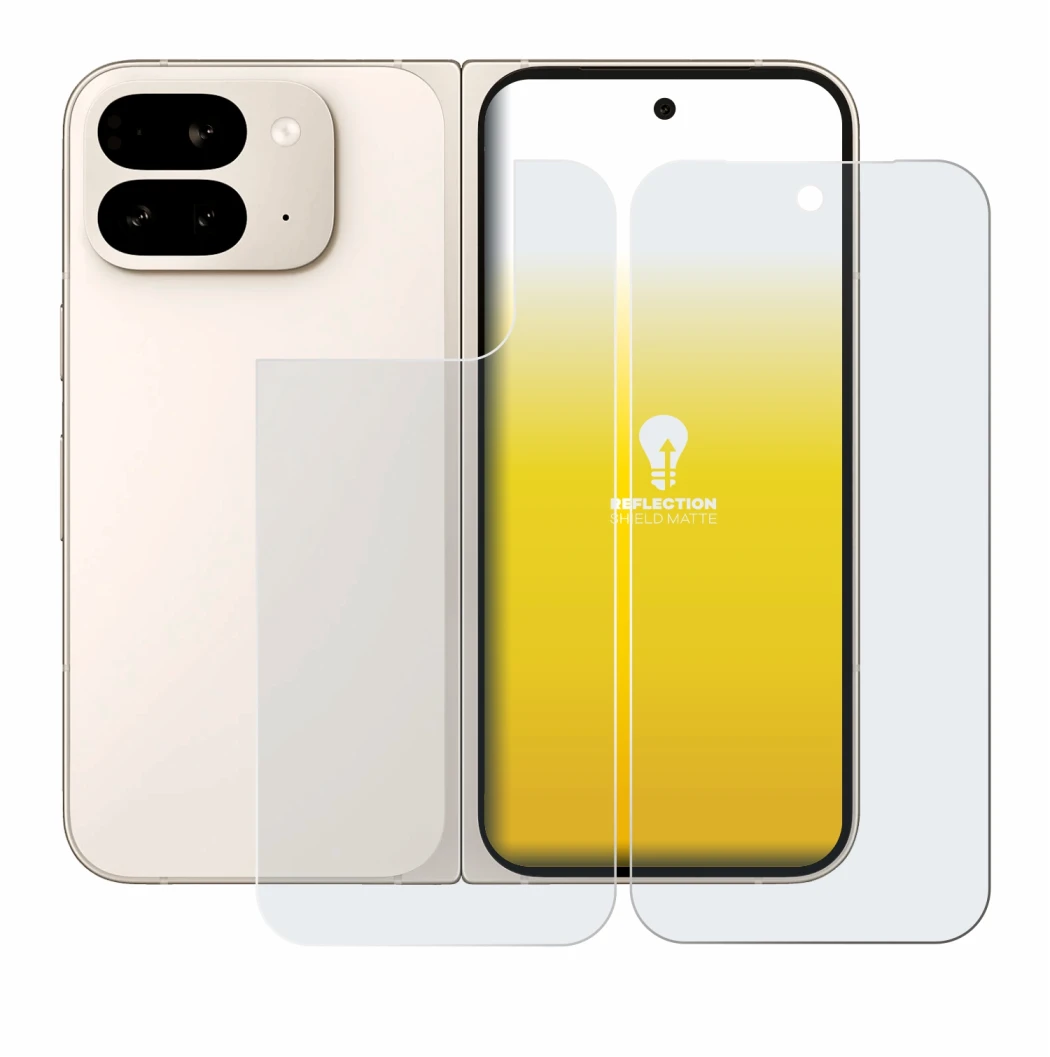 Abbildung des Geräts Google Pixel 9 Pro Fold (Display+Rückseite) mit einer Vielzahl des Displayschutzes.