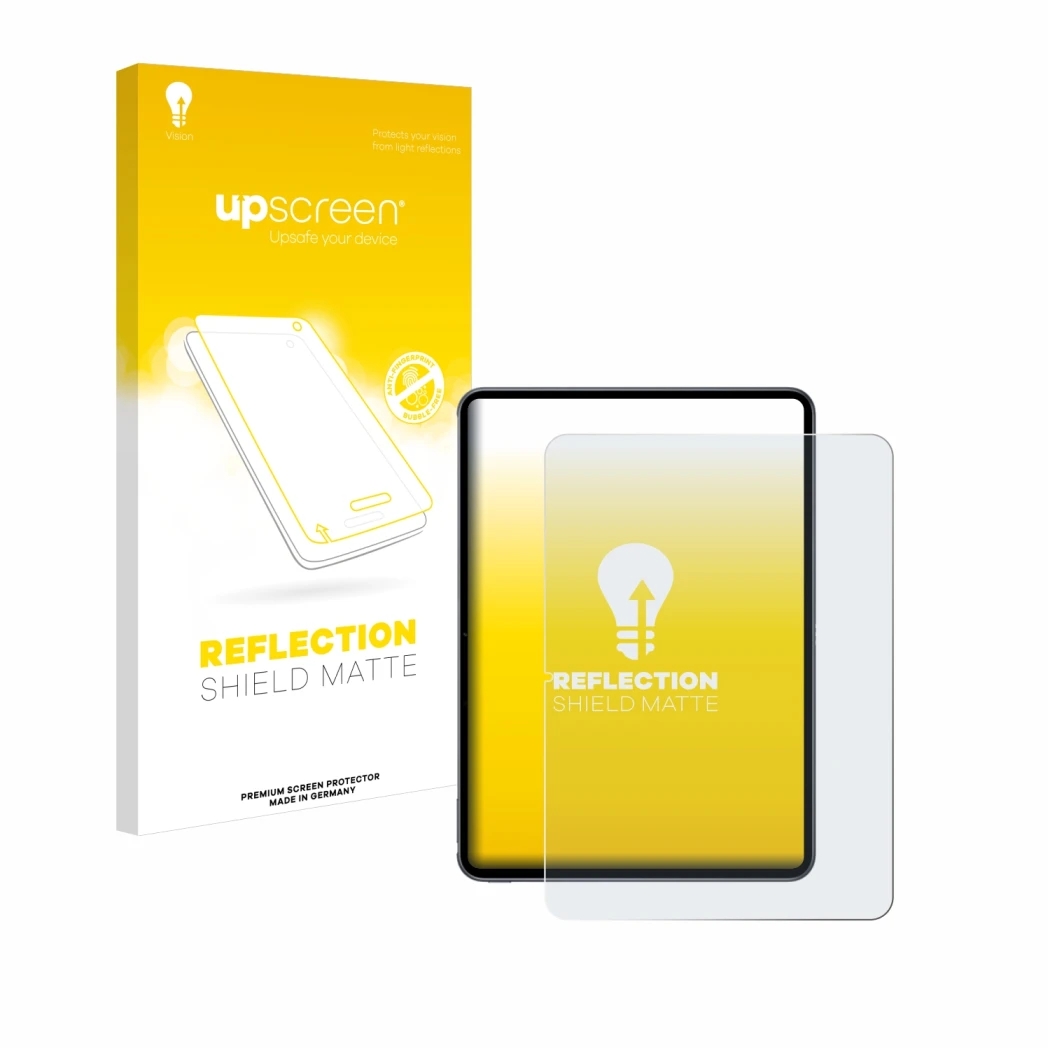 Vorderseite einer Produktverpackung mit dem Markenlogo upscreen. Daneben ist das Gerät OnePlus Pad 2 (Hochformat) mit dem zuge