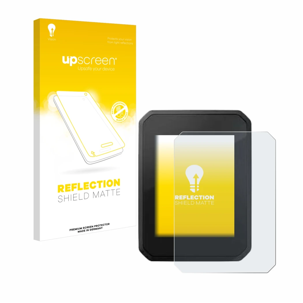 Vorderseite einer Produktverpackung mit dem Markenlogo upscreen. Daneben ist das Gerät FIT Display Compact 2.0 mit dem zugehör