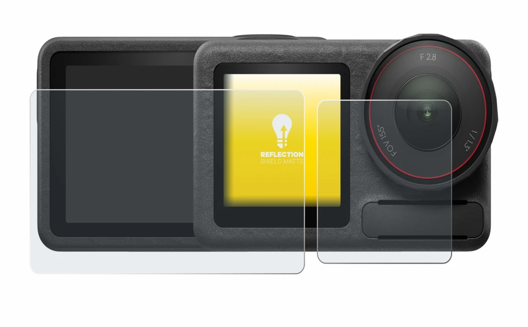 Abbildung des Geräts DJI Osmo Action 5 Pro mit einer Vielzahl des Displayschutzes.