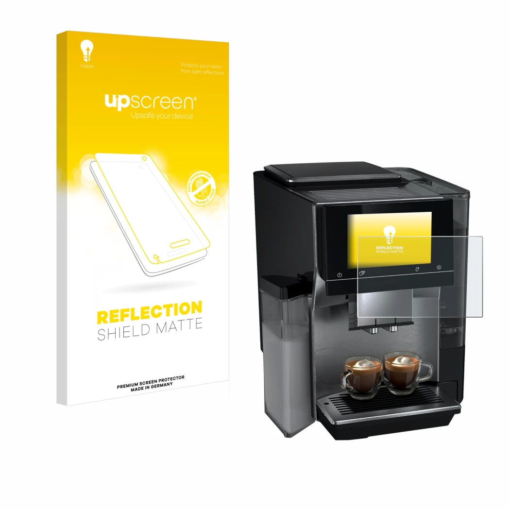 Vorderseite einer Produktverpackung mit dem Markenlogo upscreen. Daneben ist das Gerät Siemens EQ700 mit dem zugehörigen Displ