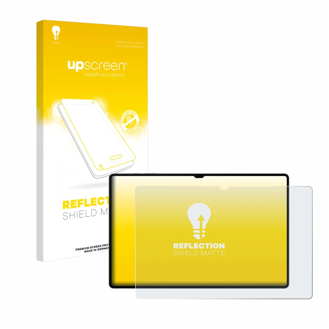 Vorderseite einer Produktverpackung mit dem Markenlogo upscreen. Daneben ist das Gerät Samsung Galaxy Tab S10 Ultra 5G mit dem