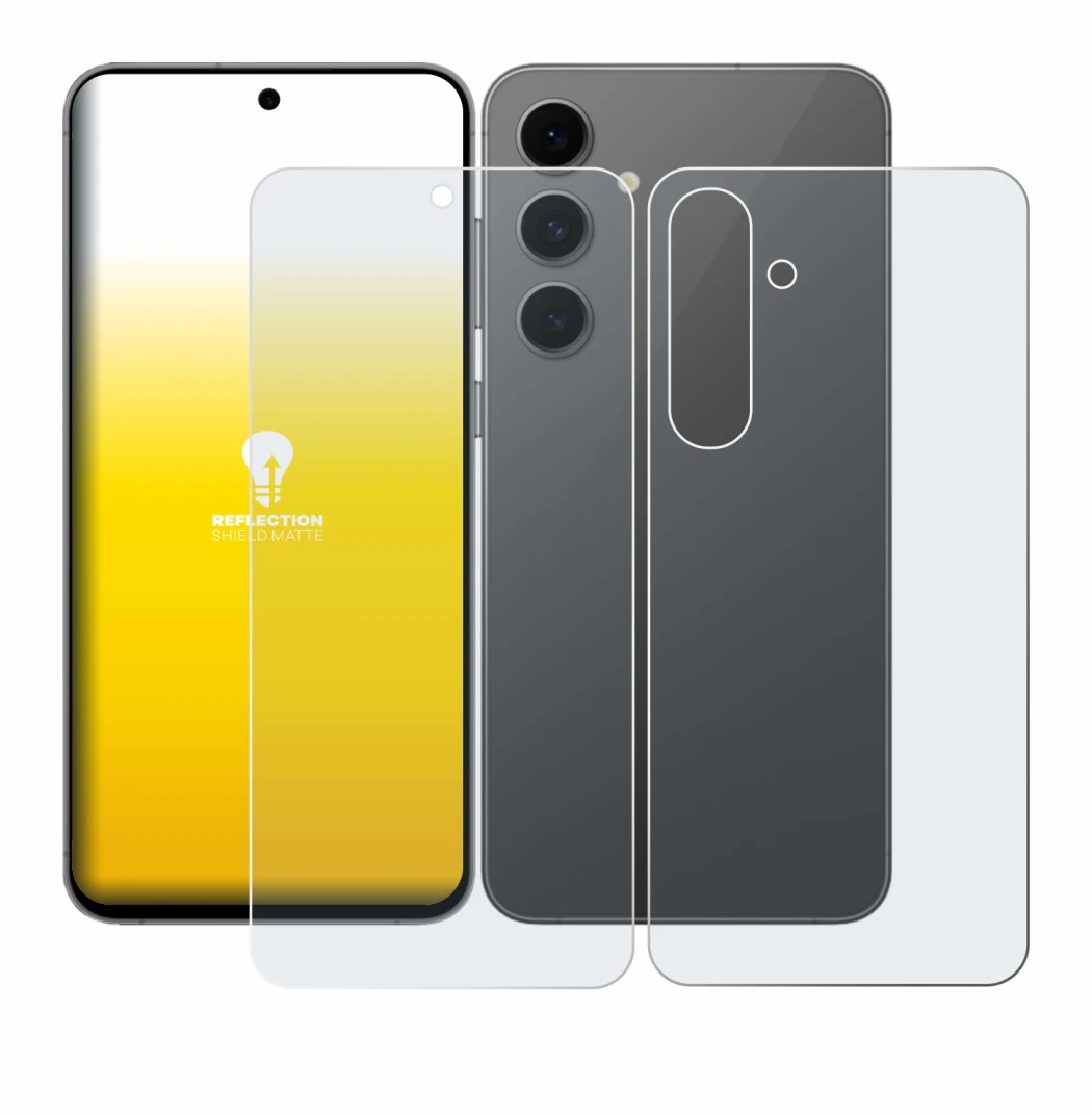 Abbildung des Geräts Samsung Galaxy S24 FE (Display+Rückseite) mit einer Vielzahl des Displayschutzes.